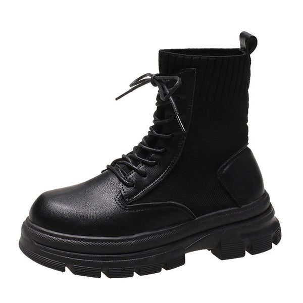British Style Round Head Lace-up Knitted Mouth Casual Martin Boots Women
